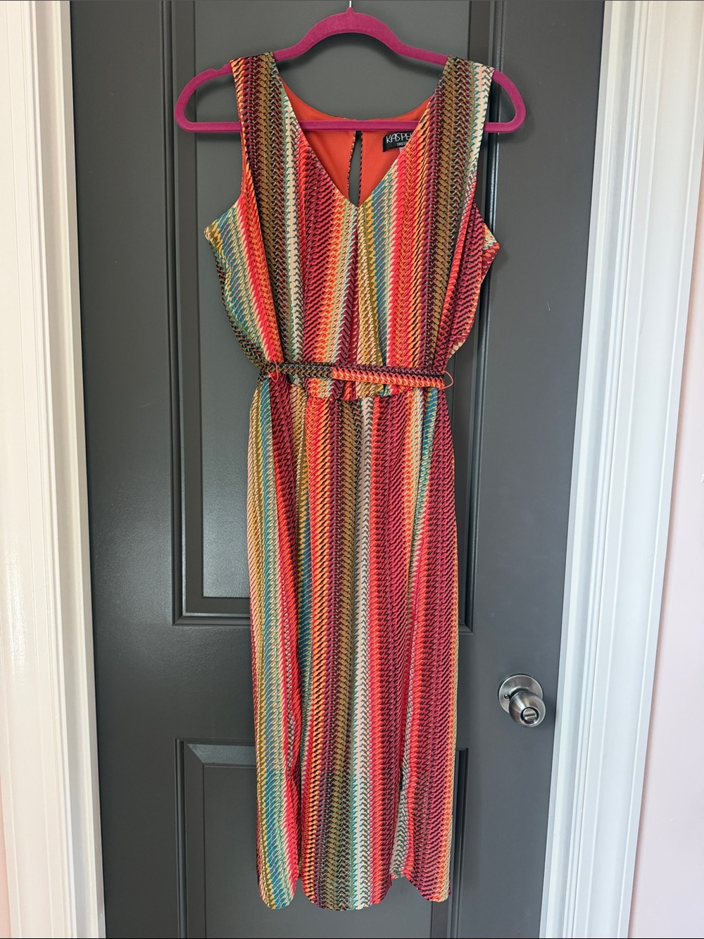 Kasper Coral, Teal & Yellow Striped Sleeveless Maxi Dress